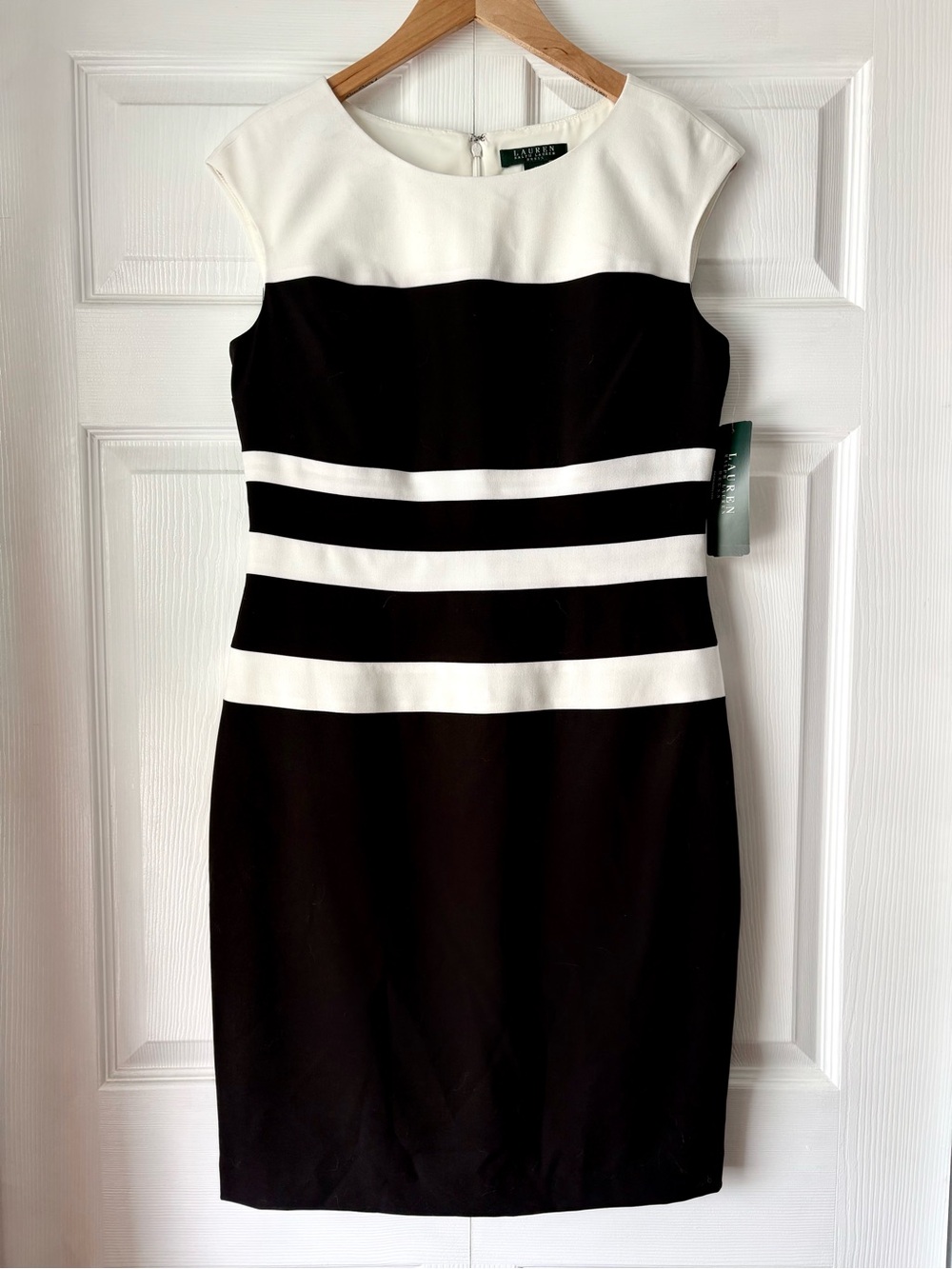 Ralph Lauren Timeless Black and White Striped Midi Sheath Dress, Size 10